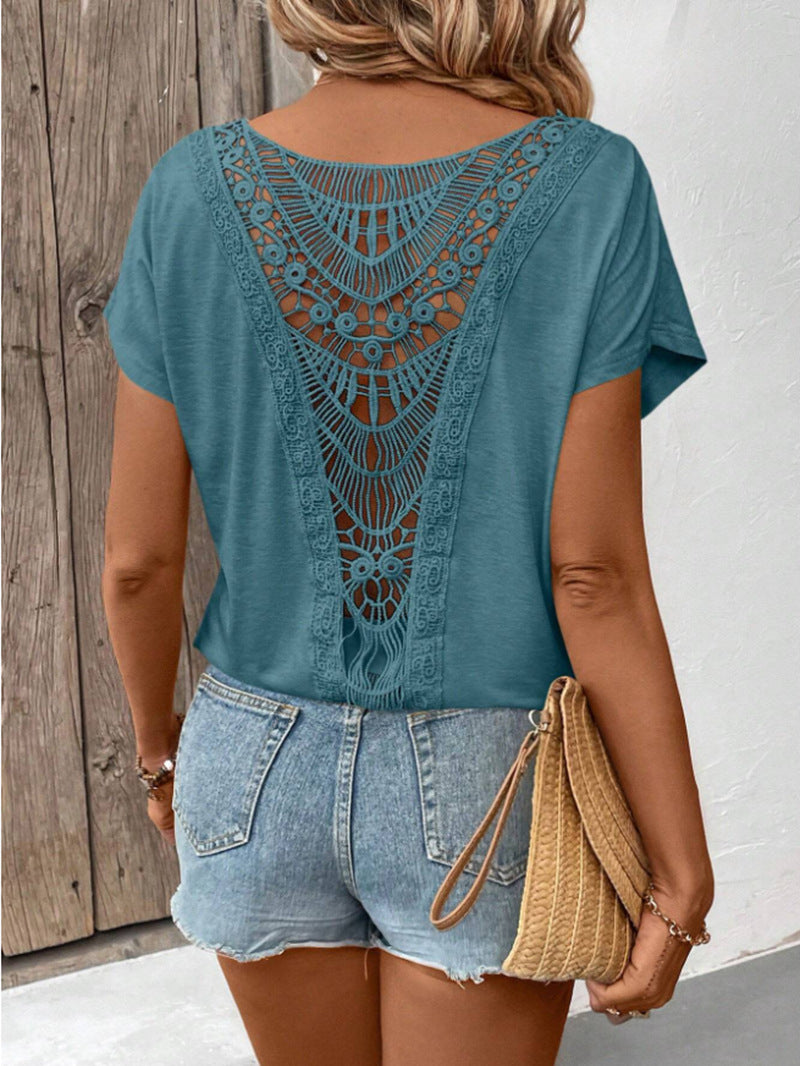 Lace Patchwork Short-sleeved T-shirt Women's Clothing