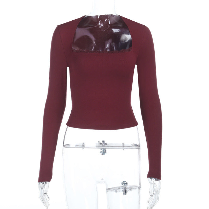 Square Collar Top Slim Fit Slimming Long Sleeves Commuter T-shirt