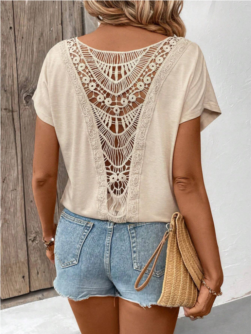 Lace Patchwork Short-sleeved T-shirt Women's Clothing