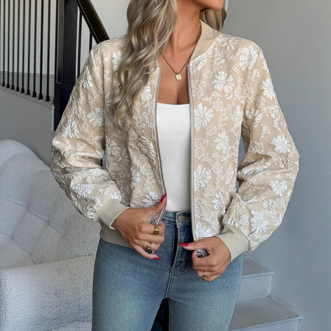 Jacquard Weave Zip Loose Slimming Temperament Commute Casual Top Coat
