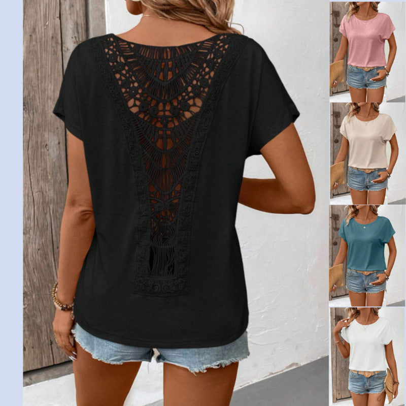 Lace Patchwork Short-sleeved T-shirt Women's Clothing