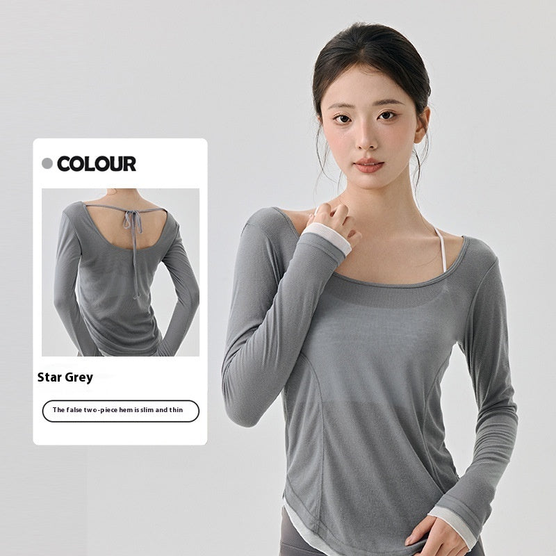 Loose Casual High-grade Yoga Clothes Blouse Hem Contrast Color Light Breathable Sexy Backless