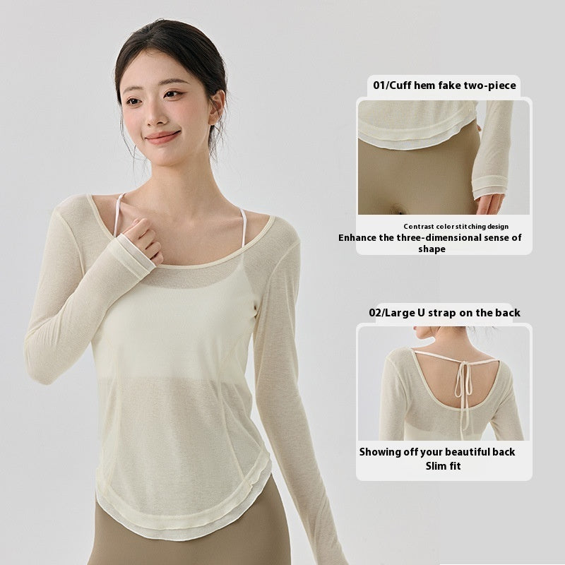 Loose Casual High-grade Yoga Clothes Blouse Hem Contrast Color Light Breathable Sexy Backless