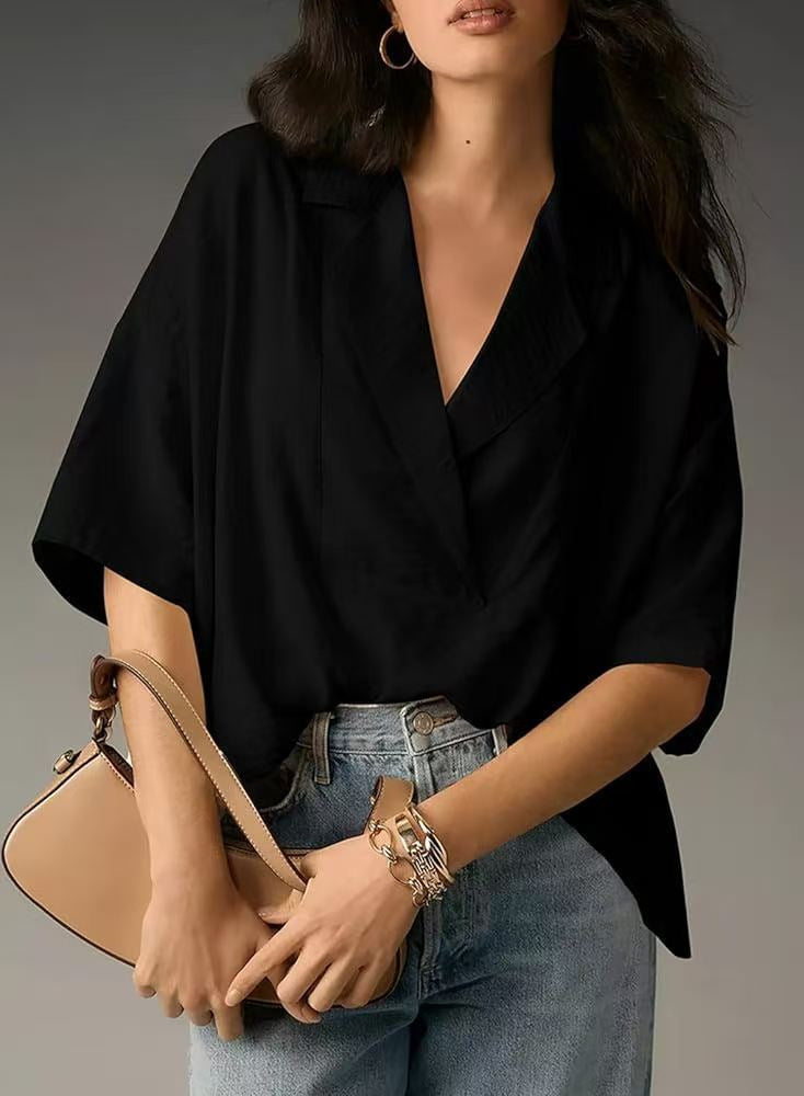 Lapel Casual Loose Top Solid Color
