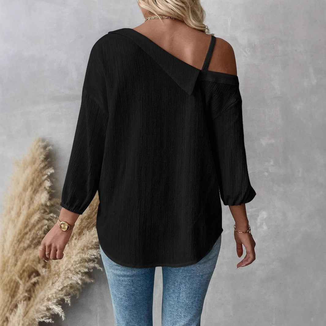European And American Style Lapel Three-quarter Sleeve Off-shoulder Cardigan Texture Single-breasted Shirt