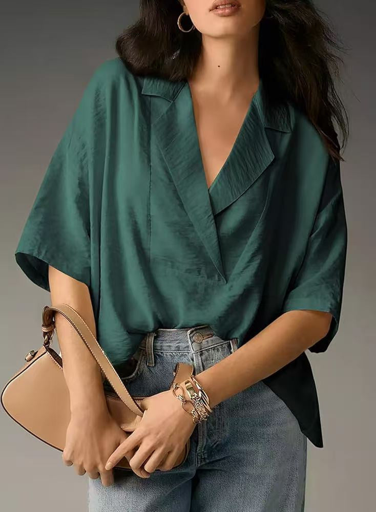Lapel Casual Loose Top Solid Color