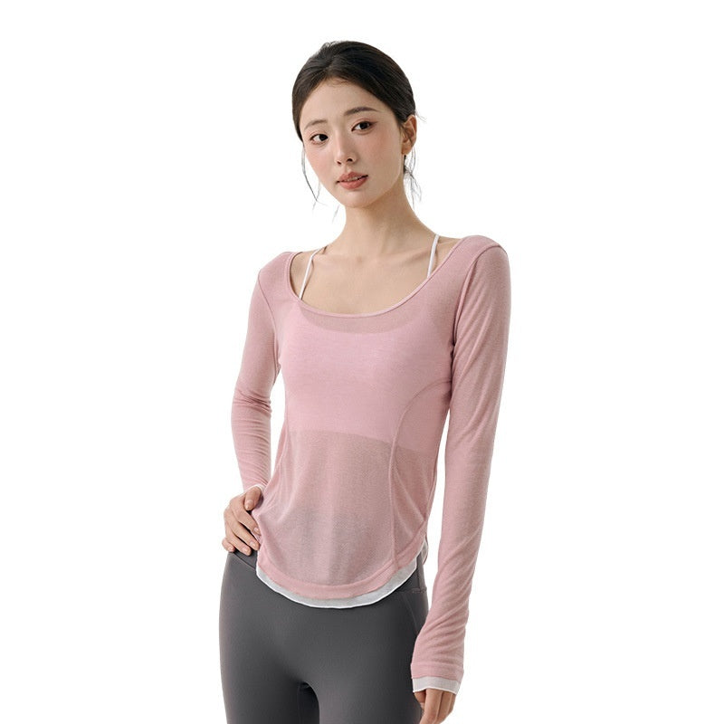 Loose Casual High-grade Yoga Clothes Blouse Hem Contrast Color Light Breathable Sexy Backless