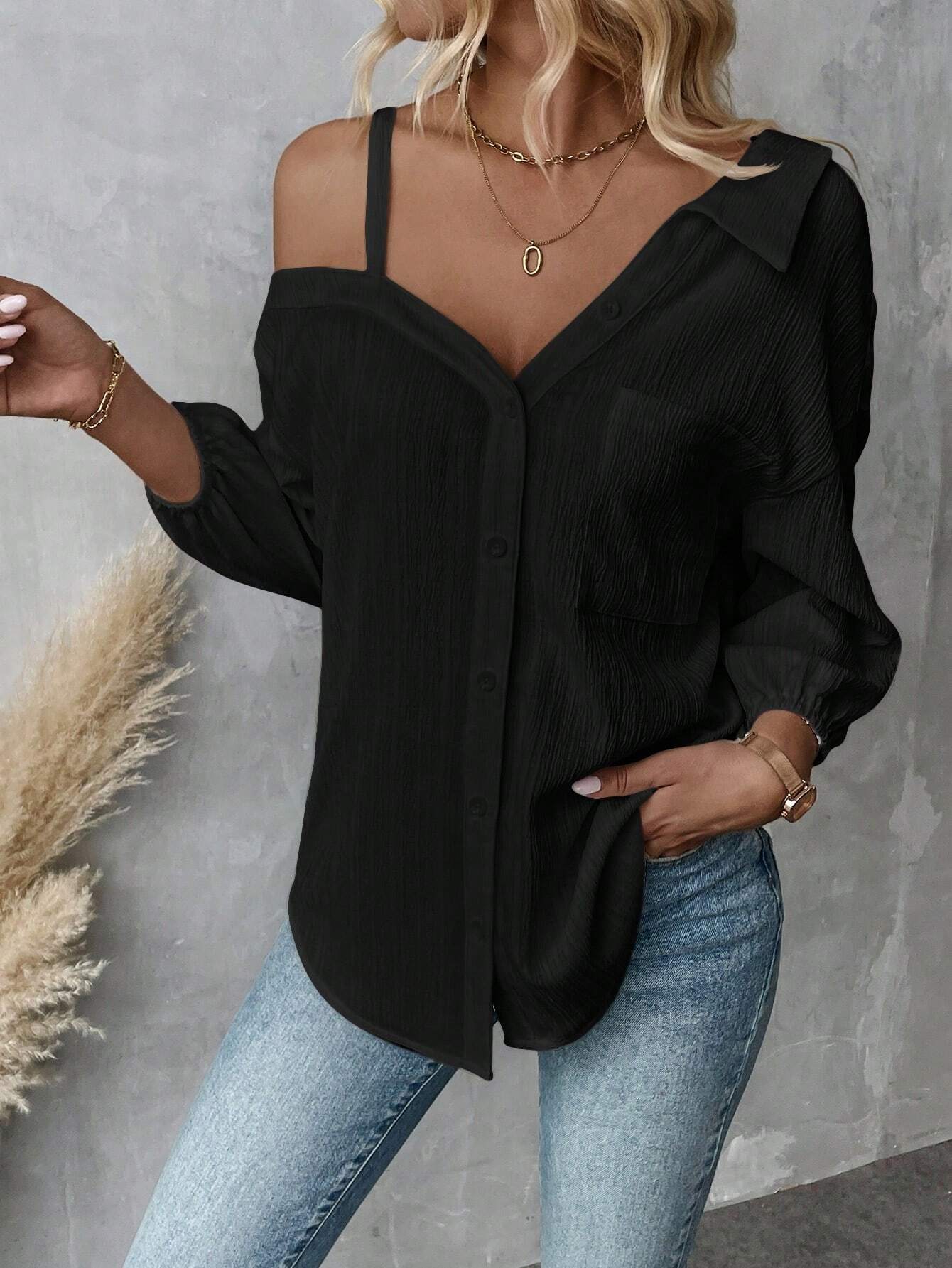 European And American Style Lapel Three-quarter Sleeve Off-shoulder Cardigan Texture Single-breasted Shirt