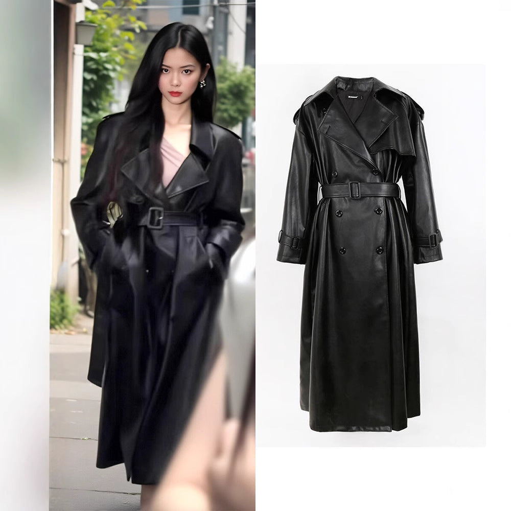 Black Windbreaker High-grade Long Tall PU Leather Jacket Overcoat