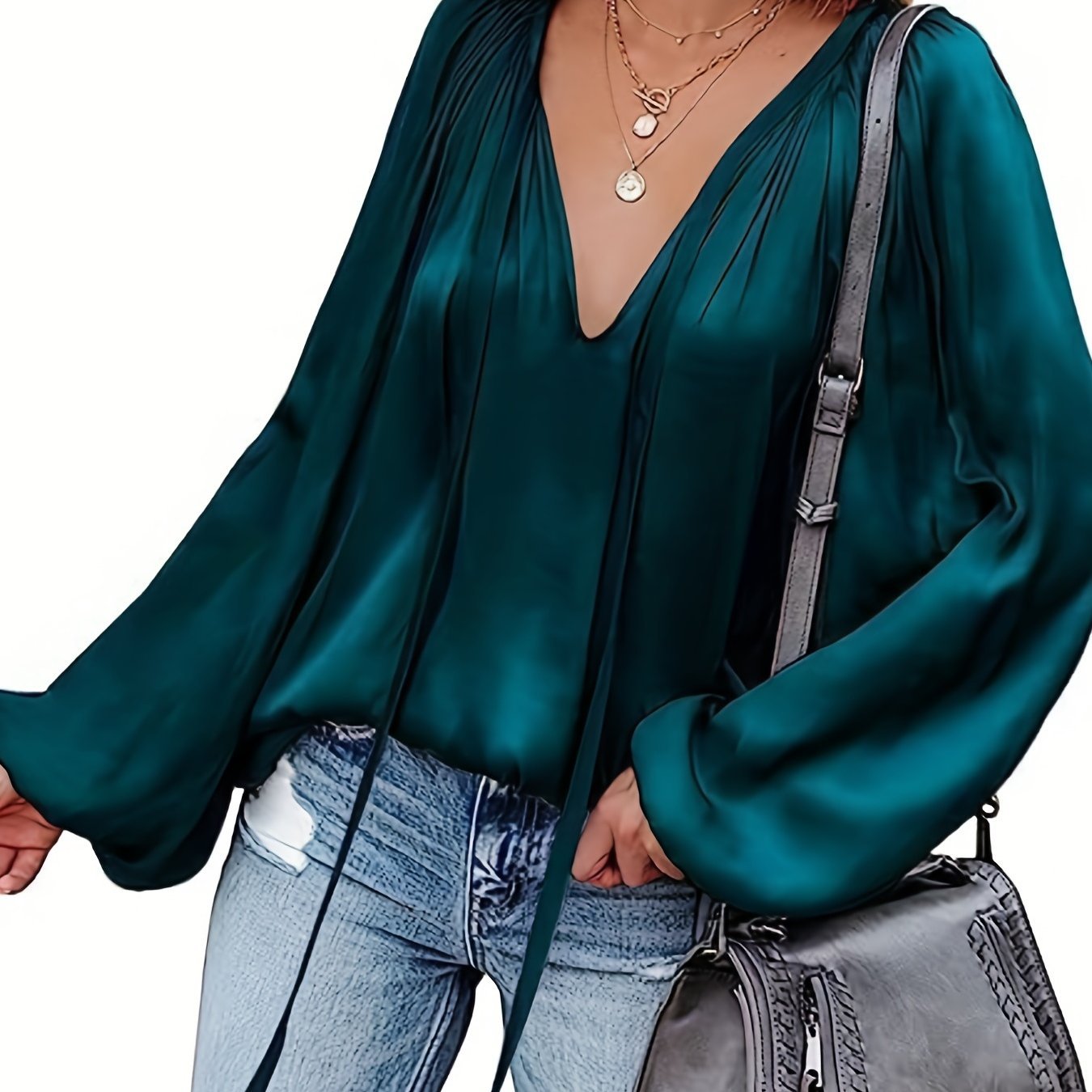 Women's Satin V-neck Long Sleeve Shirt Leisure Bloomers