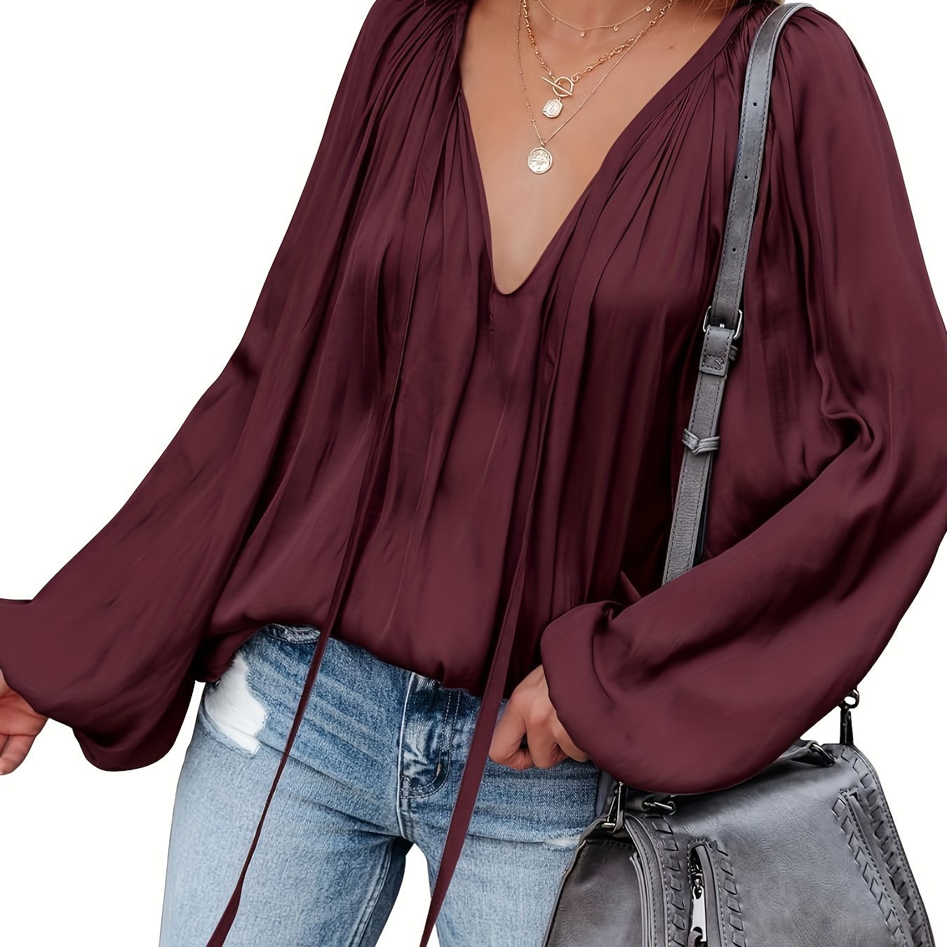 Women's Satin V-neck Long Sleeve Shirt Leisure Bloomers