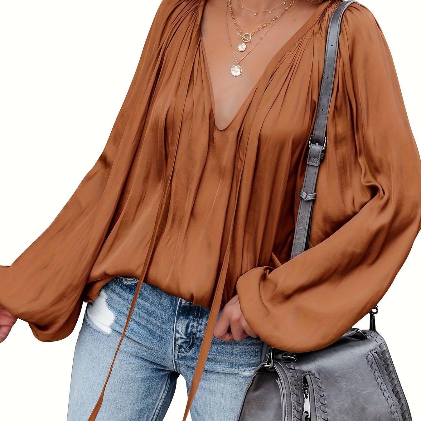 Women's Satin V-neck Long Sleeve Shirt Leisure Bloomers