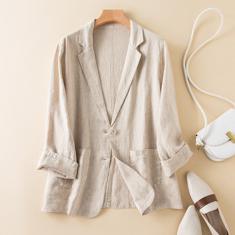 New Casual Cotton Linen Coat Long Sleeve Thin Suit For Women
