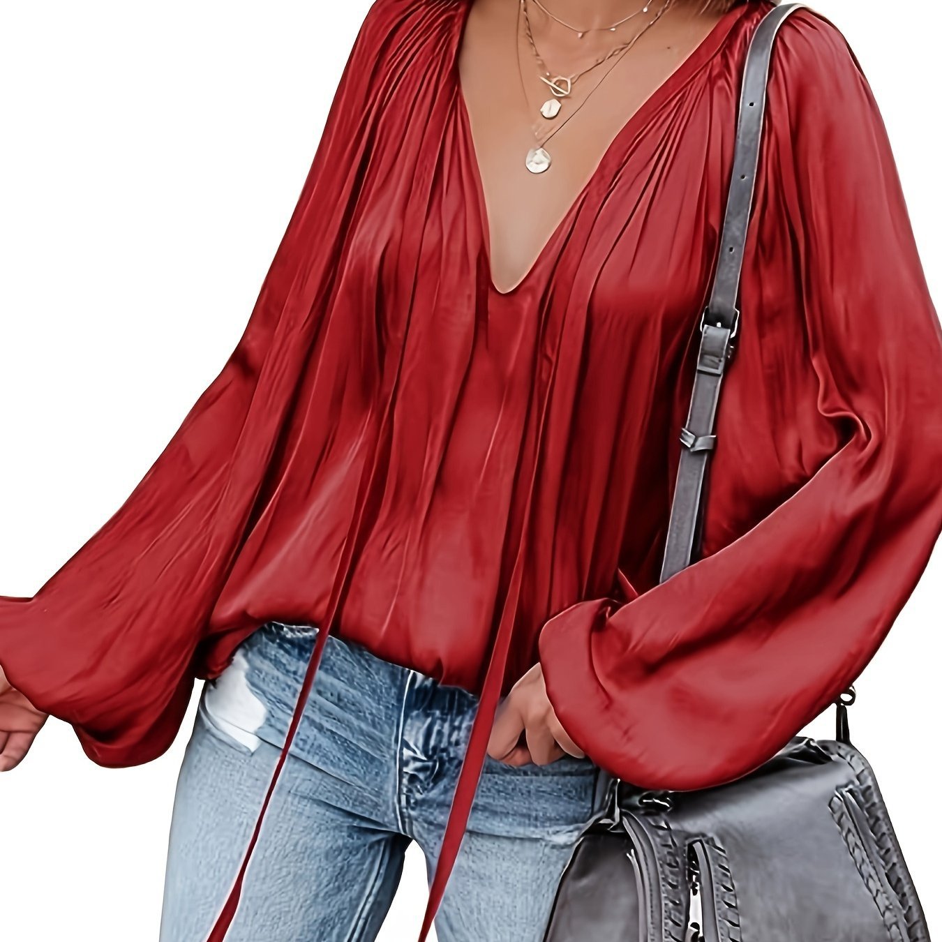 Women's Satin V-neck Long Sleeve Shirt Leisure Bloomers
