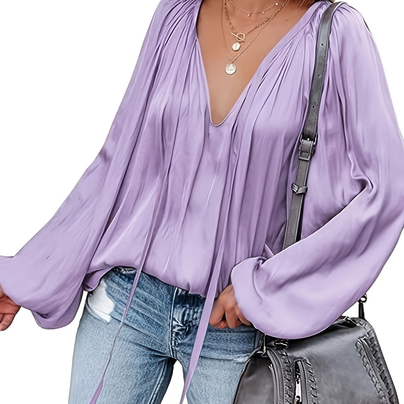 Women's Satin V-neck Long Sleeve Shirt Leisure Bloomers