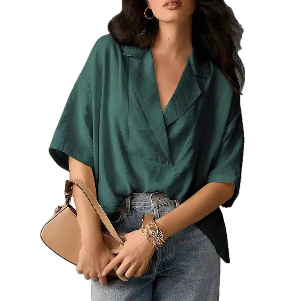 Lapel Casual Loose Top Solid Color