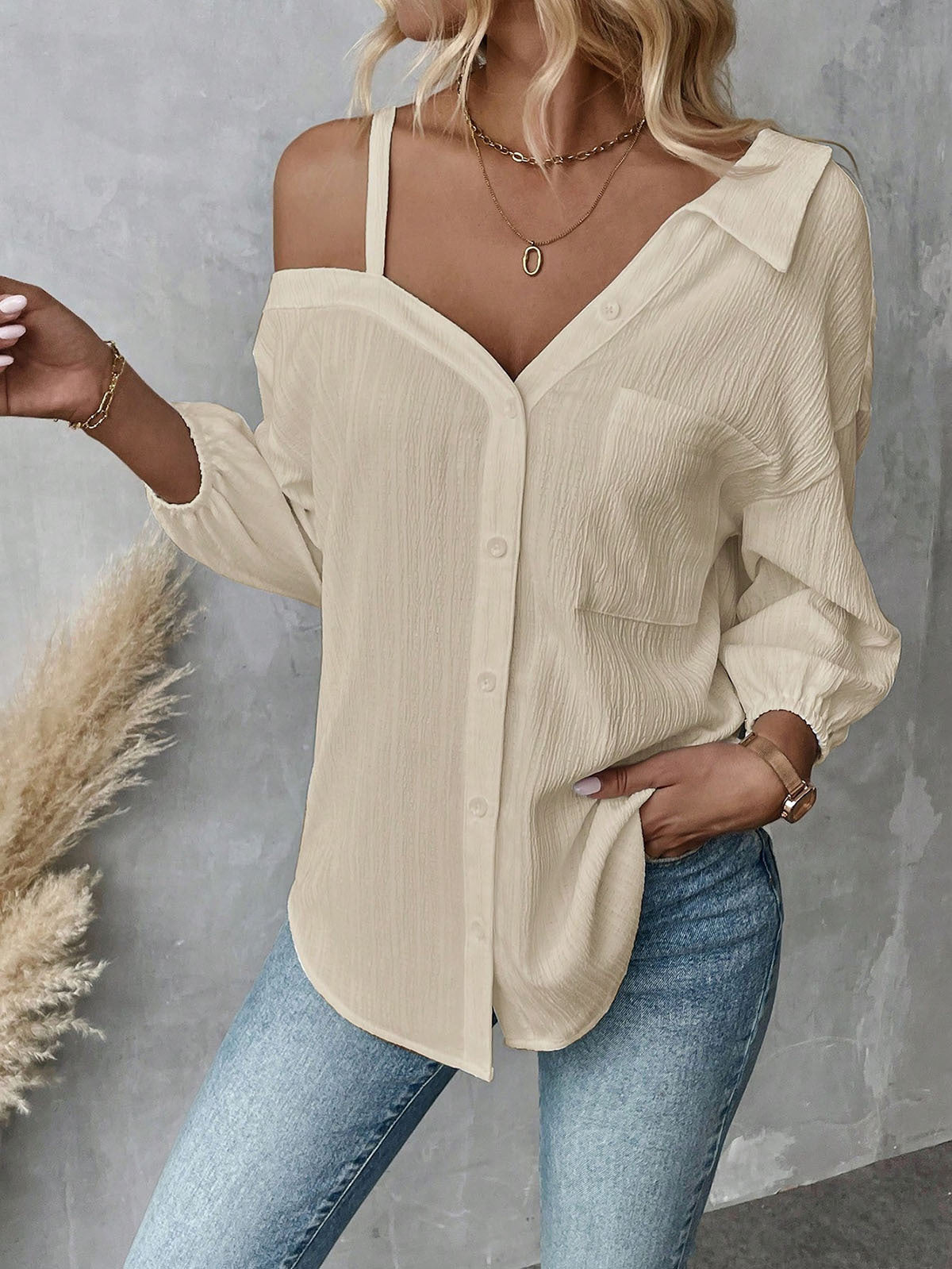 European And American Style Lapel Three-quarter Sleeve Off-shoulder Cardigan Texture Single-breasted Shirt