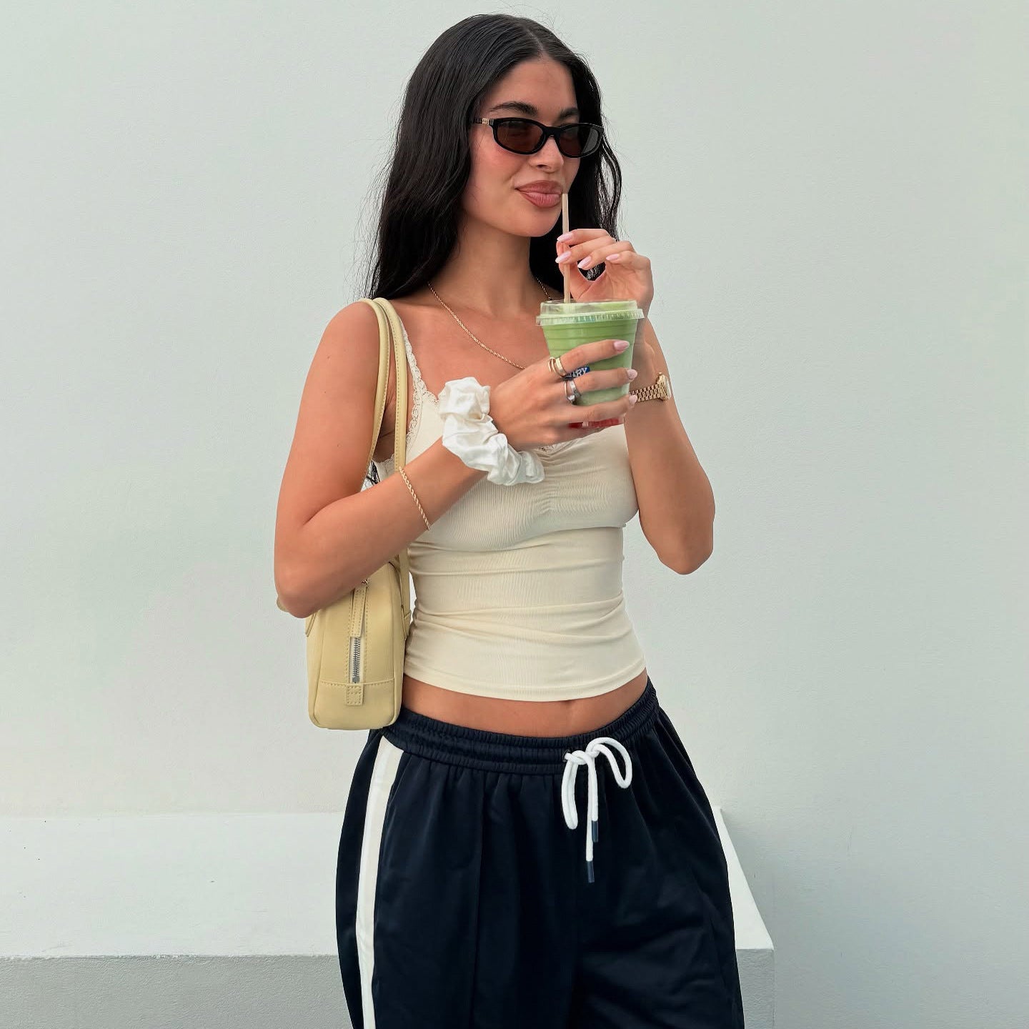 Lace Stitching Pleated Spaghetti Strap Tank Top