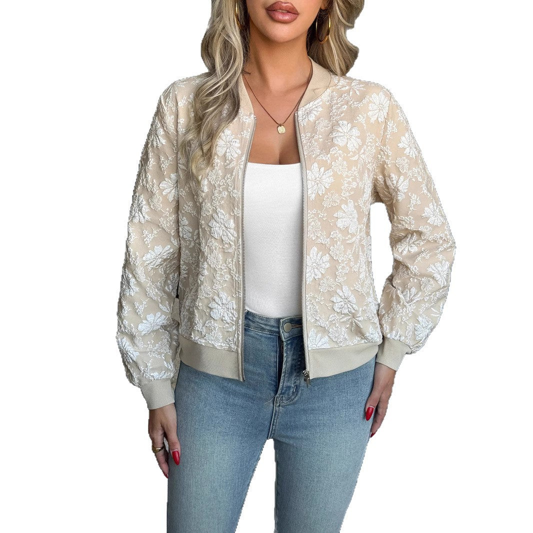 Jacquard Weave Zip Loose Slimming Temperament Commute Casual Top Coat