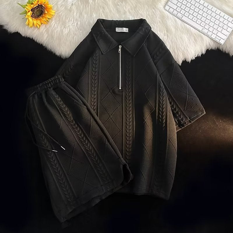 Waffle Polo Shirt Short-sleeved T-shirt Shorts Set
