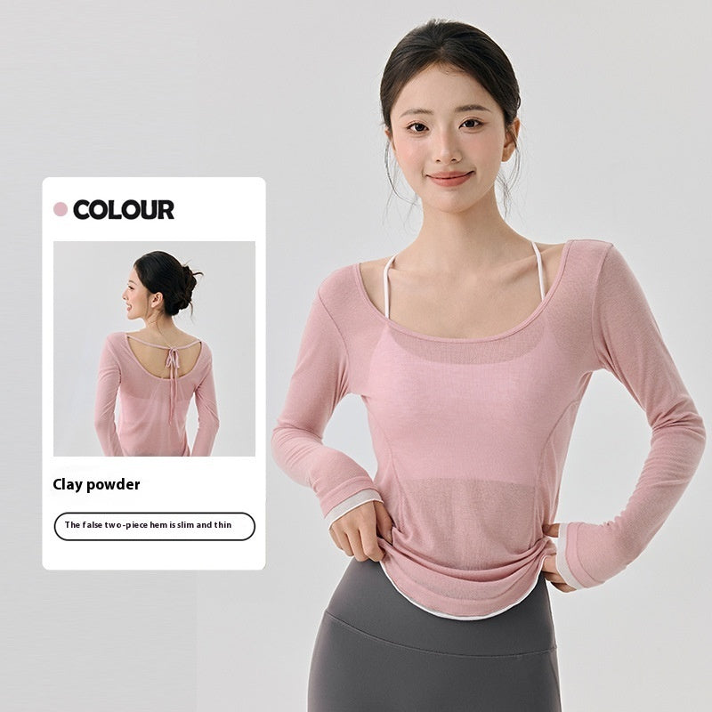 Loose Casual High-grade Yoga Clothes Blouse Hem Contrast Color Light Breathable Sexy Backless