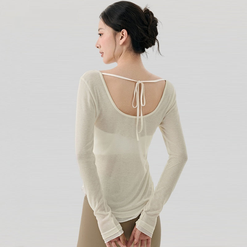 Loose Casual High-grade Yoga Clothes Blouse Hem Contrast Color Light Breathable Sexy Backless