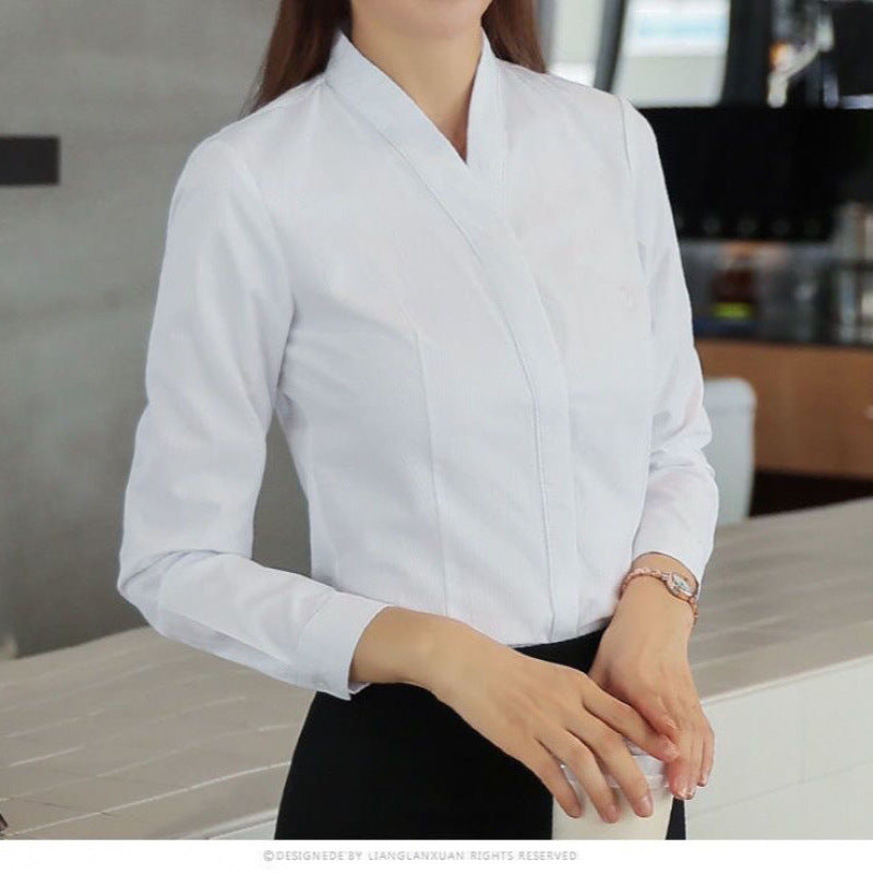Uniform Striped High Cotton Blouse White Long Sleeve Slim-fit Top