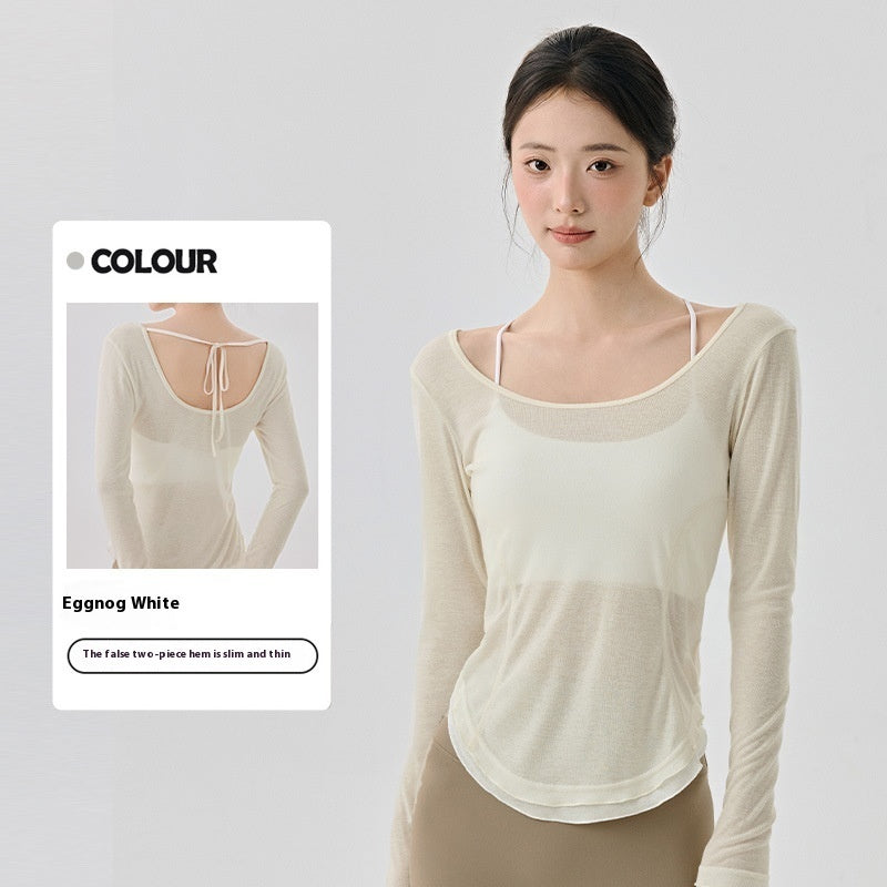 Loose Casual High-grade Yoga Clothes Blouse Hem Contrast Color Light Breathable Sexy Backless