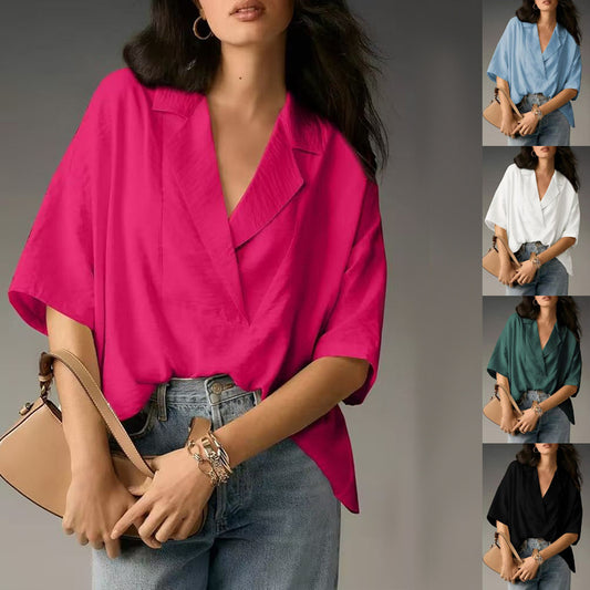 Lapel Casual Loose Top Solid Color