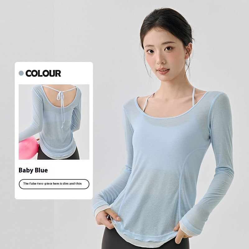 Loose Casual High-grade Yoga Clothes Blouse Hem Contrast Color Light Breathable Sexy Backless