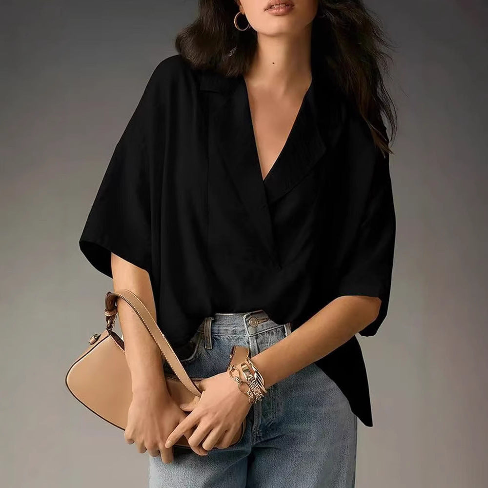 Lapel Casual Loose Top Solid Color