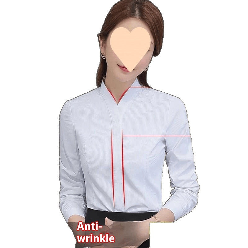 Uniform Striped High Cotton Blouse White Long Sleeve Slim-fit Top