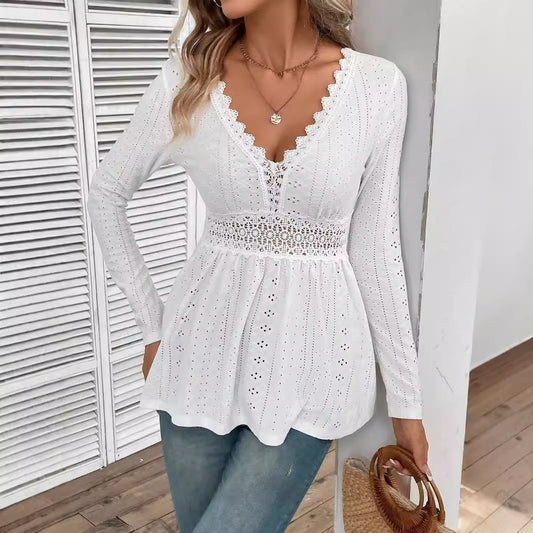 Elegant And V-neck Stitching Lace Long Sleeve Top