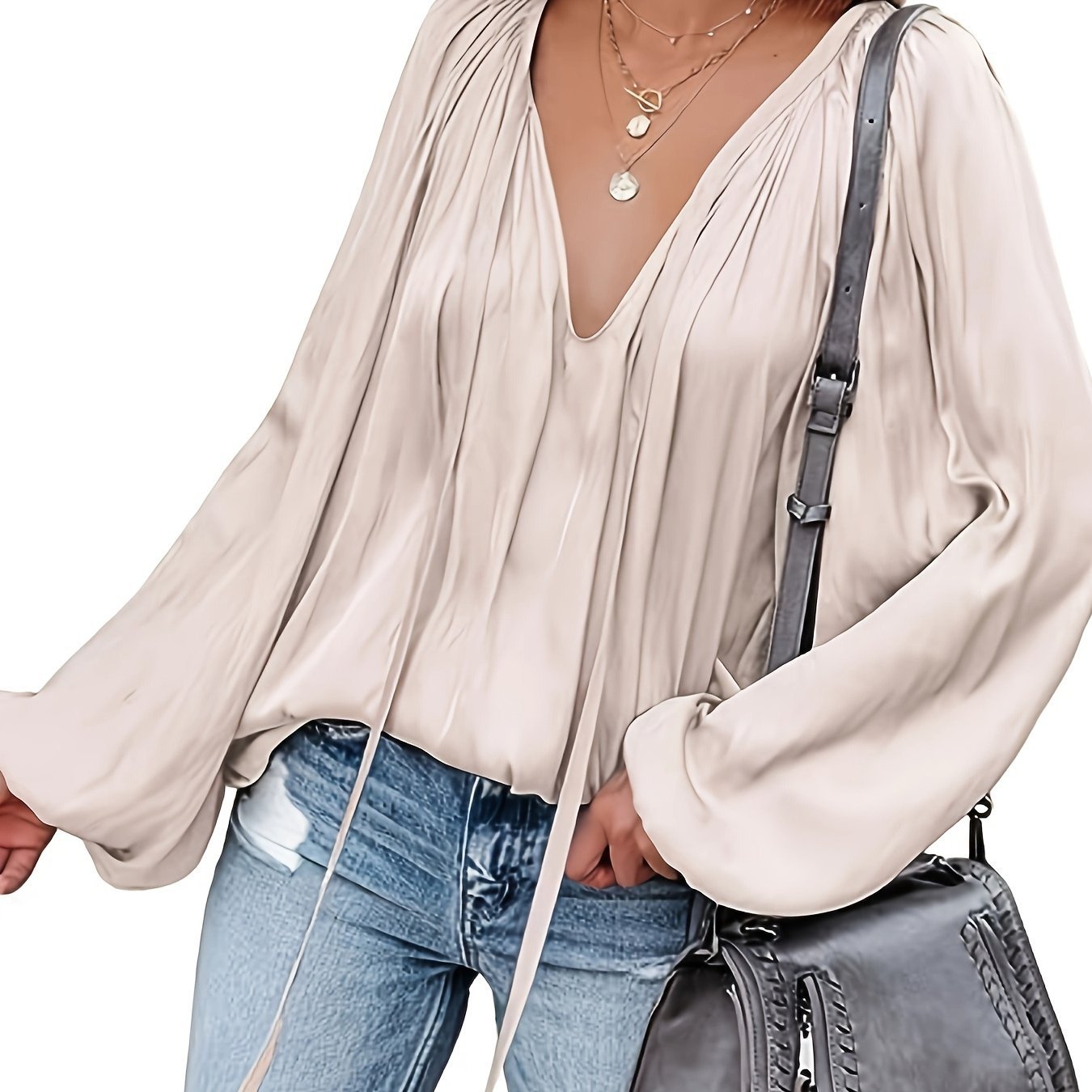 Women's Satin V-neck Long Sleeve Shirt Leisure Bloomers