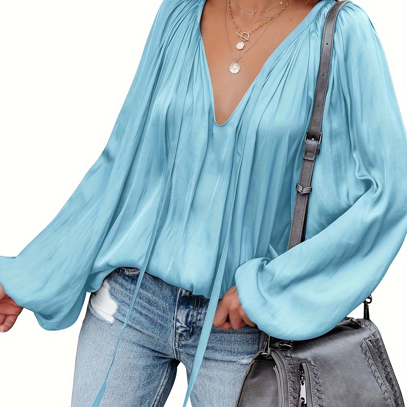 Women's Satin V-neck Long Sleeve Shirt Leisure Bloomers