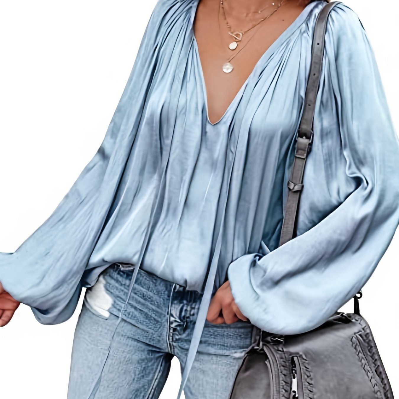 Women's Satin V-neck Long Sleeve Shirt Leisure Bloomers