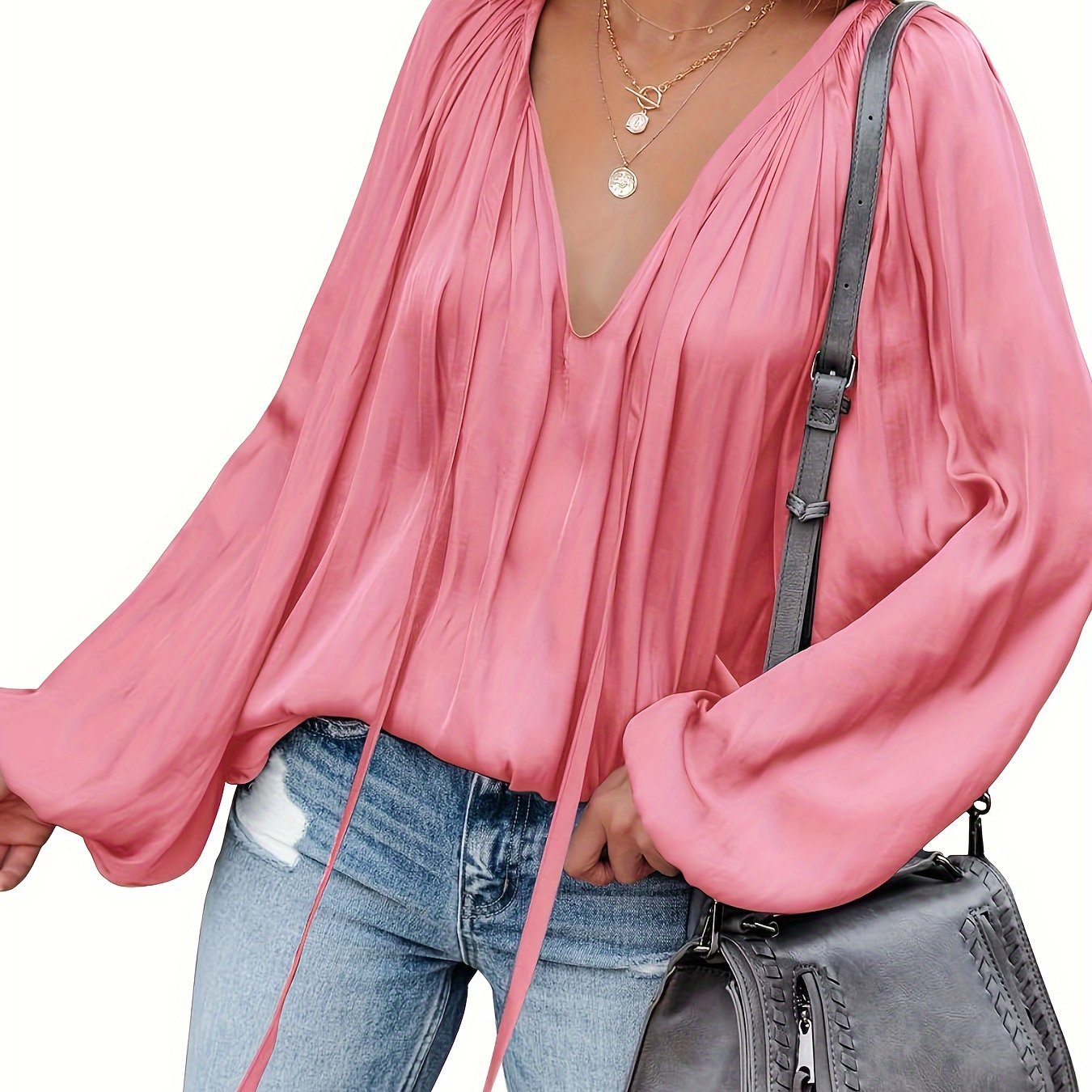 Women's Satin V-neck Long Sleeve Shirt Leisure Bloomers