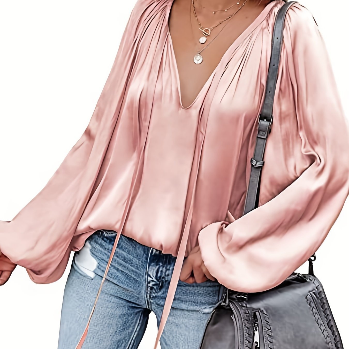 Women's Satin V-neck Long Sleeve Shirt Leisure Bloomers