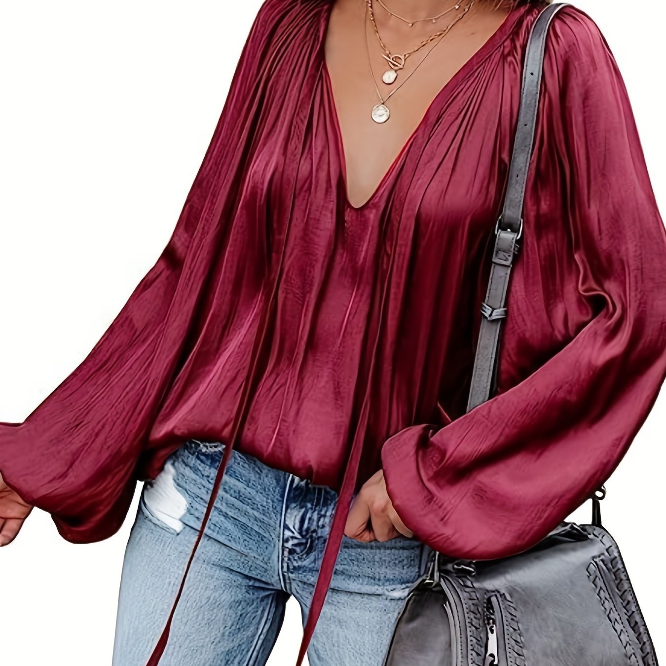 Women's Satin V-neck Long Sleeve Shirt Leisure Bloomers