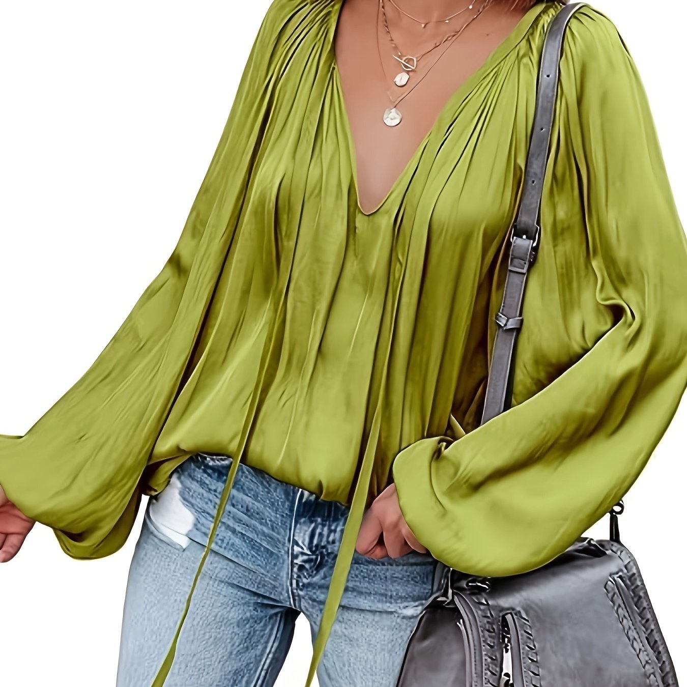 Women's Satin V-neck Long Sleeve Shirt Leisure Bloomers