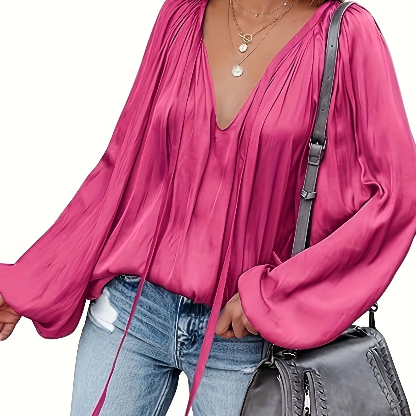 Women's Satin V-neck Long Sleeve Shirt Leisure Bloomers