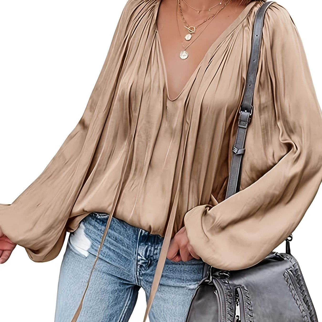 Women's Satin V-neck Long Sleeve Shirt Leisure Bloomers