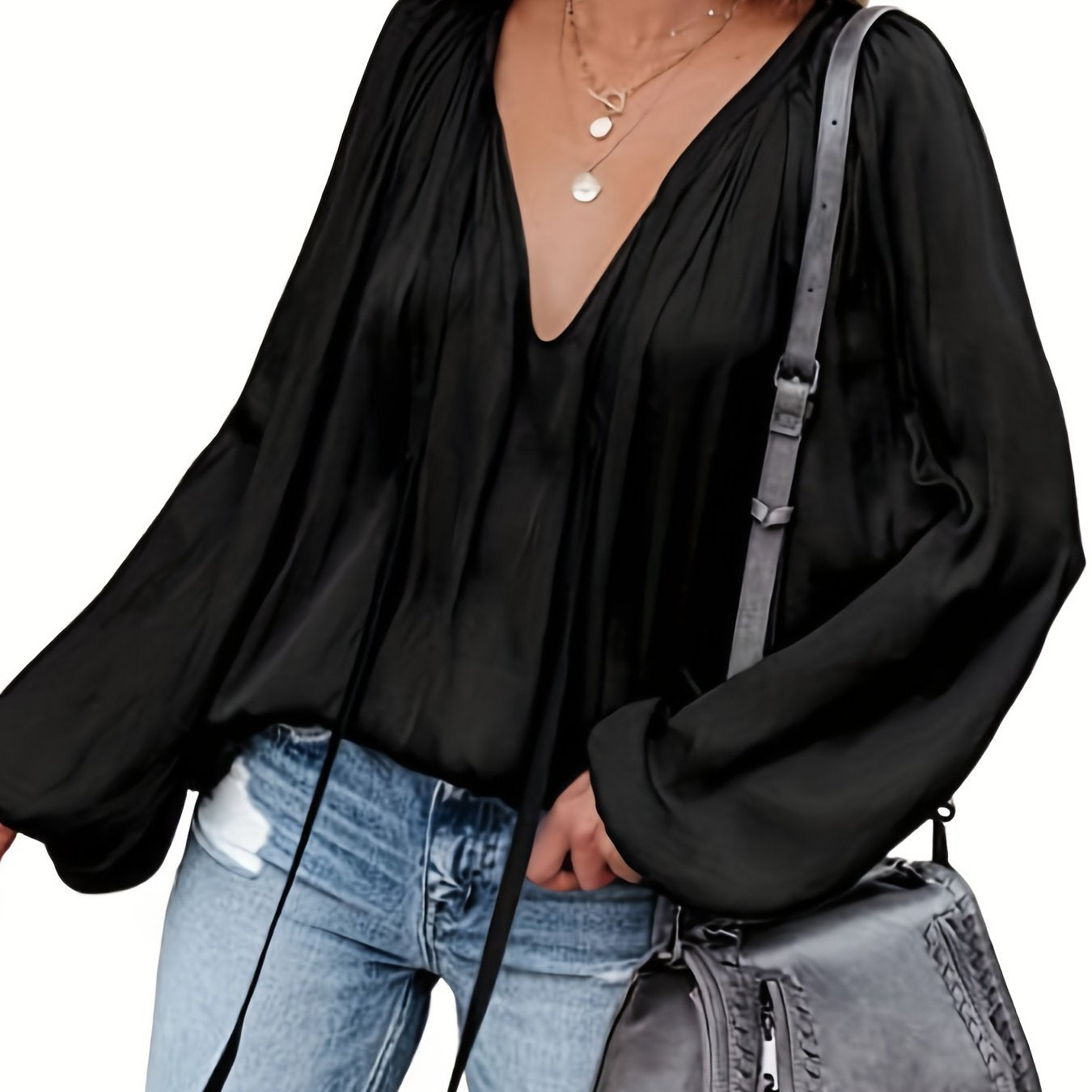 Women's Satin V-neck Long Sleeve Shirt Leisure Bloomers