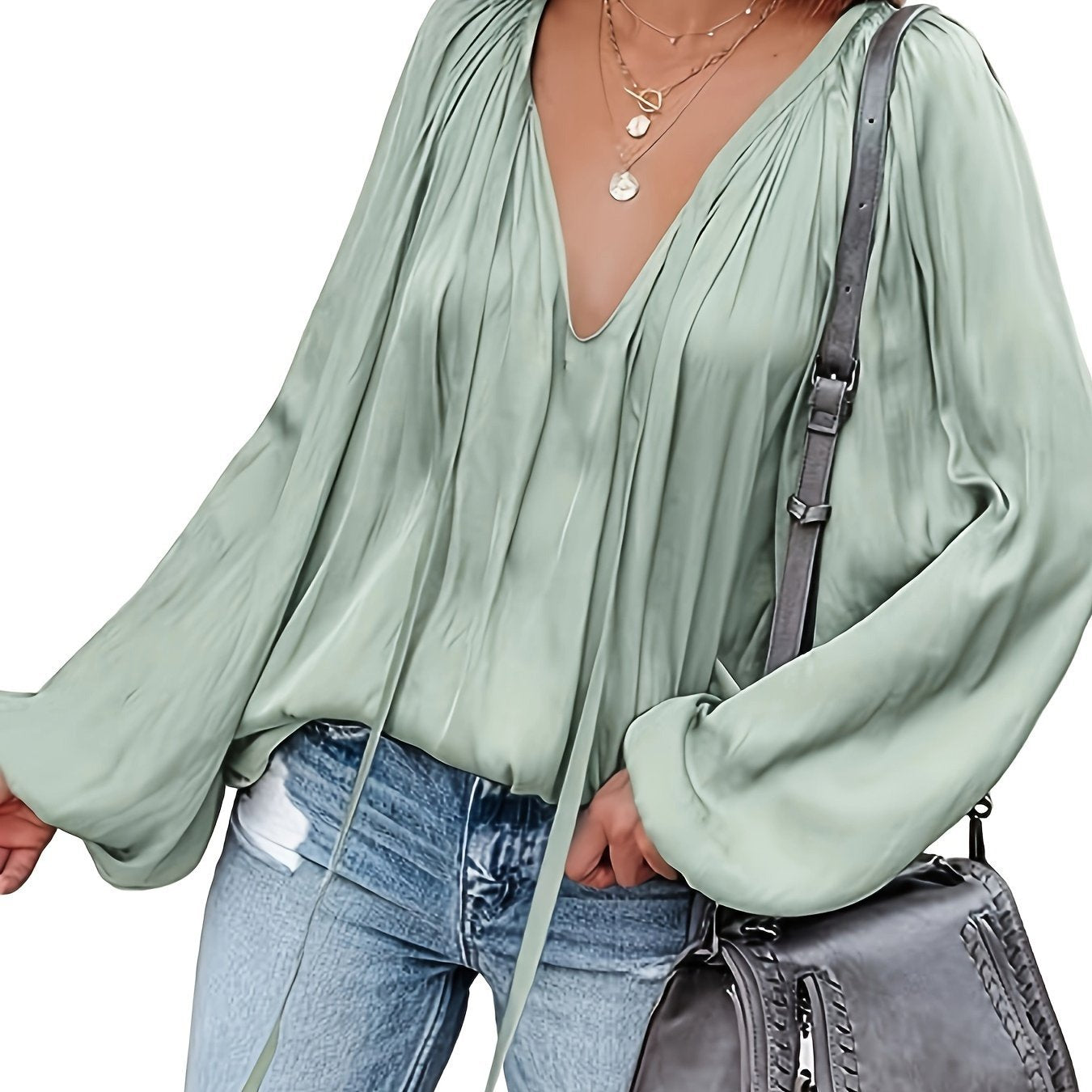 Women's Satin V-neck Long Sleeve Shirt Leisure Bloomers