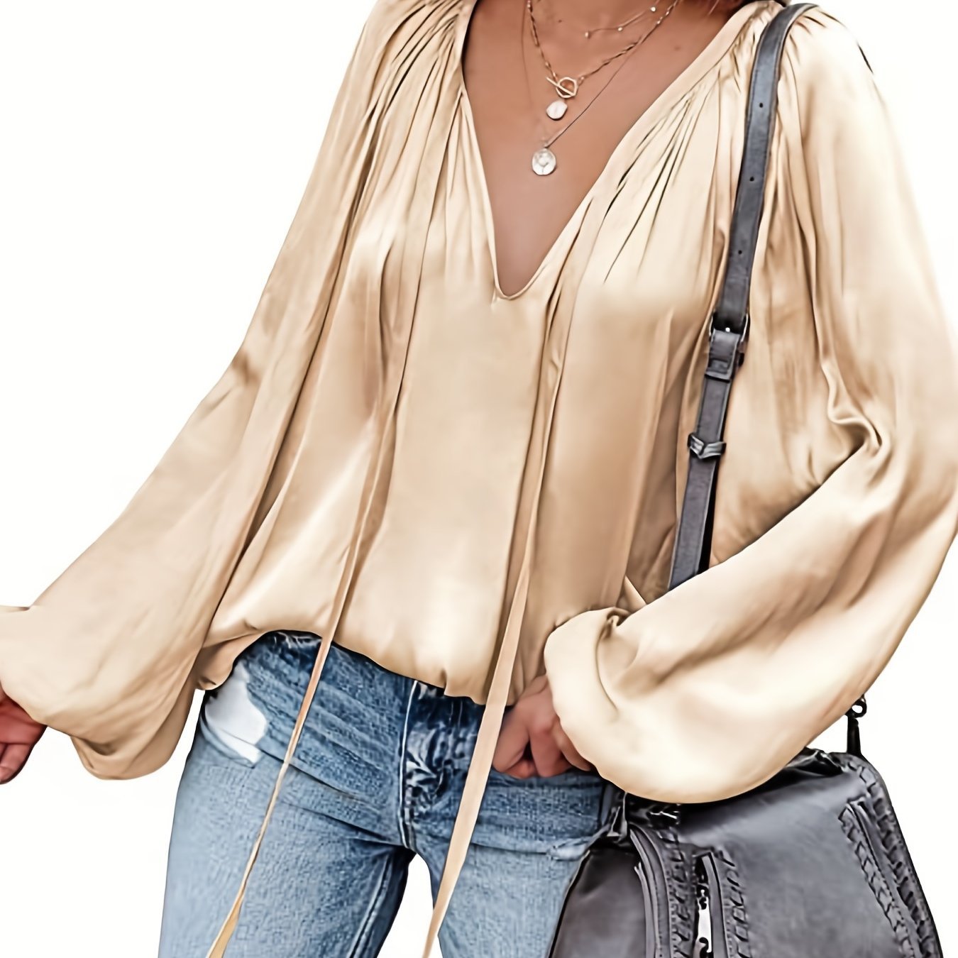 Women's Satin V-neck Long Sleeve Shirt Leisure Bloomers