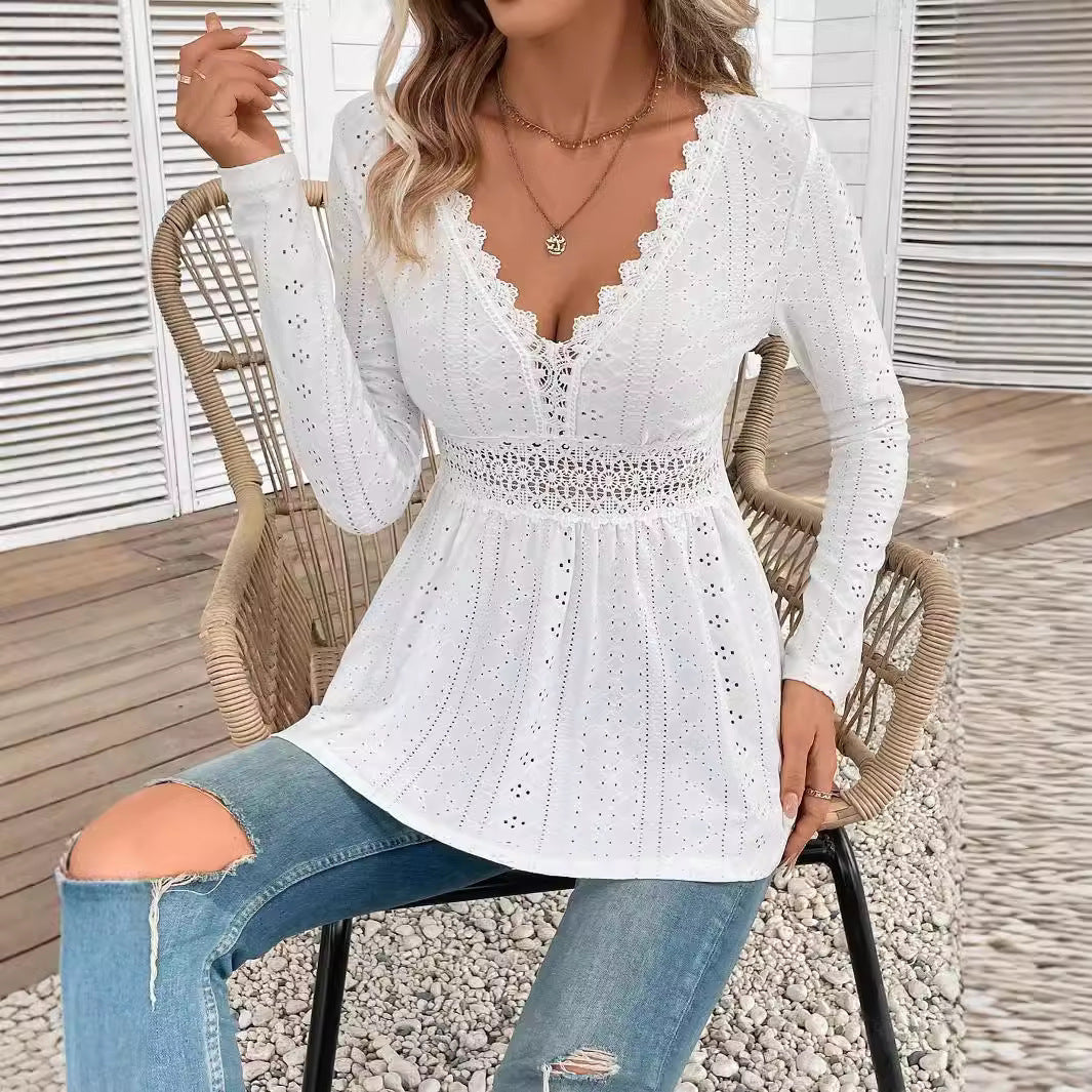 Elegant And V-neck Stitching Lace Long Sleeve Top