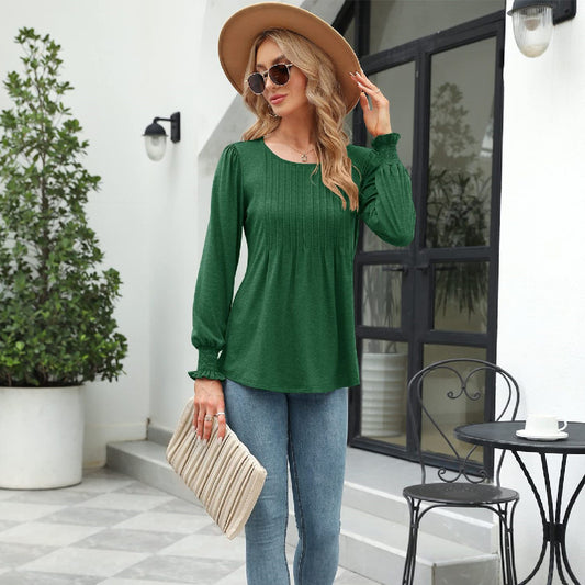 Women's Solid Color Casual Puff Sleeve Round Neck Top