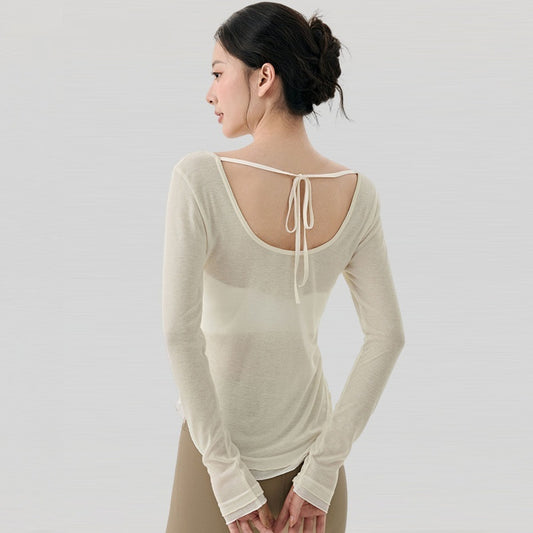 Loose Casual High-grade Yoga Clothes Blouse Hem Contrast Color Light Breathable Sexy Backless