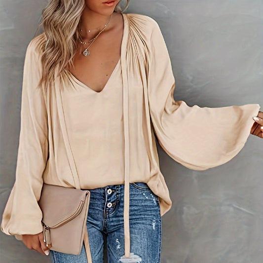 Women's Satin V-neck Long Sleeve Shirt Leisure Bloomers